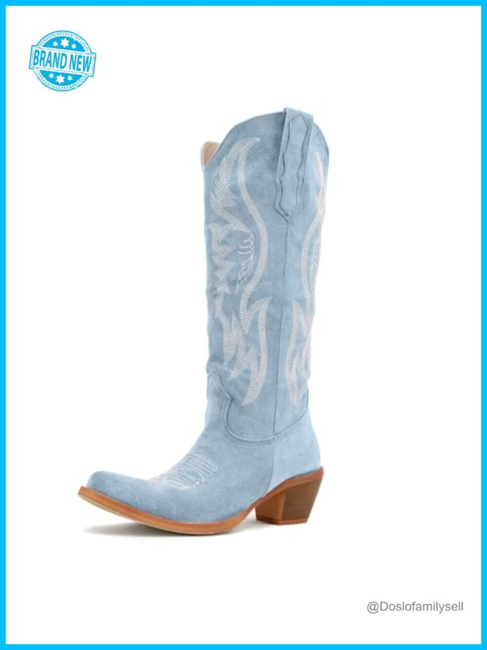 Faux Suede Mid Calf Western Cowboy Boots Pull On Chunky Heel Padded Insole